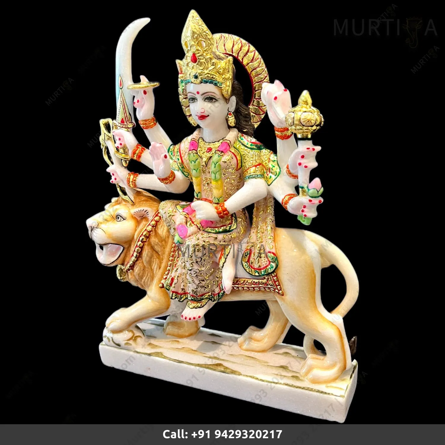18 Inch Pure Marble Durgaa Maa Idol with Emboss Work - 2
