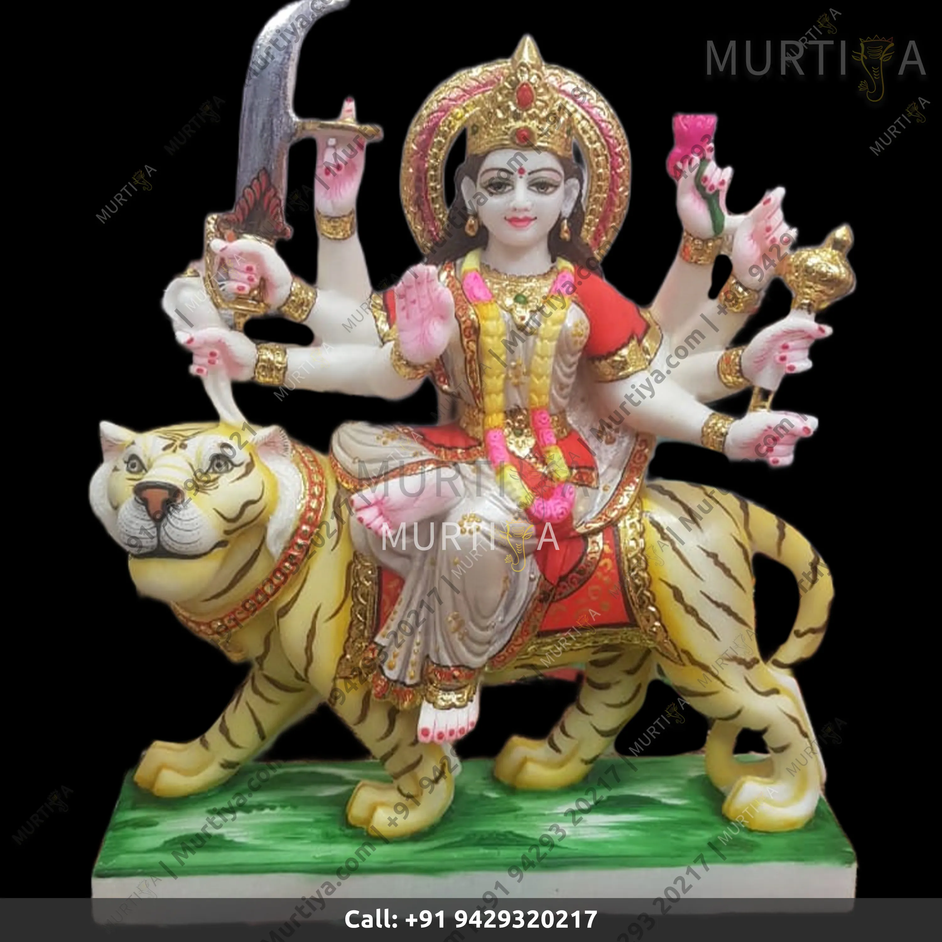 Marble Durga Maa Dark Red And White Saree - 15 Inch Idol - 2