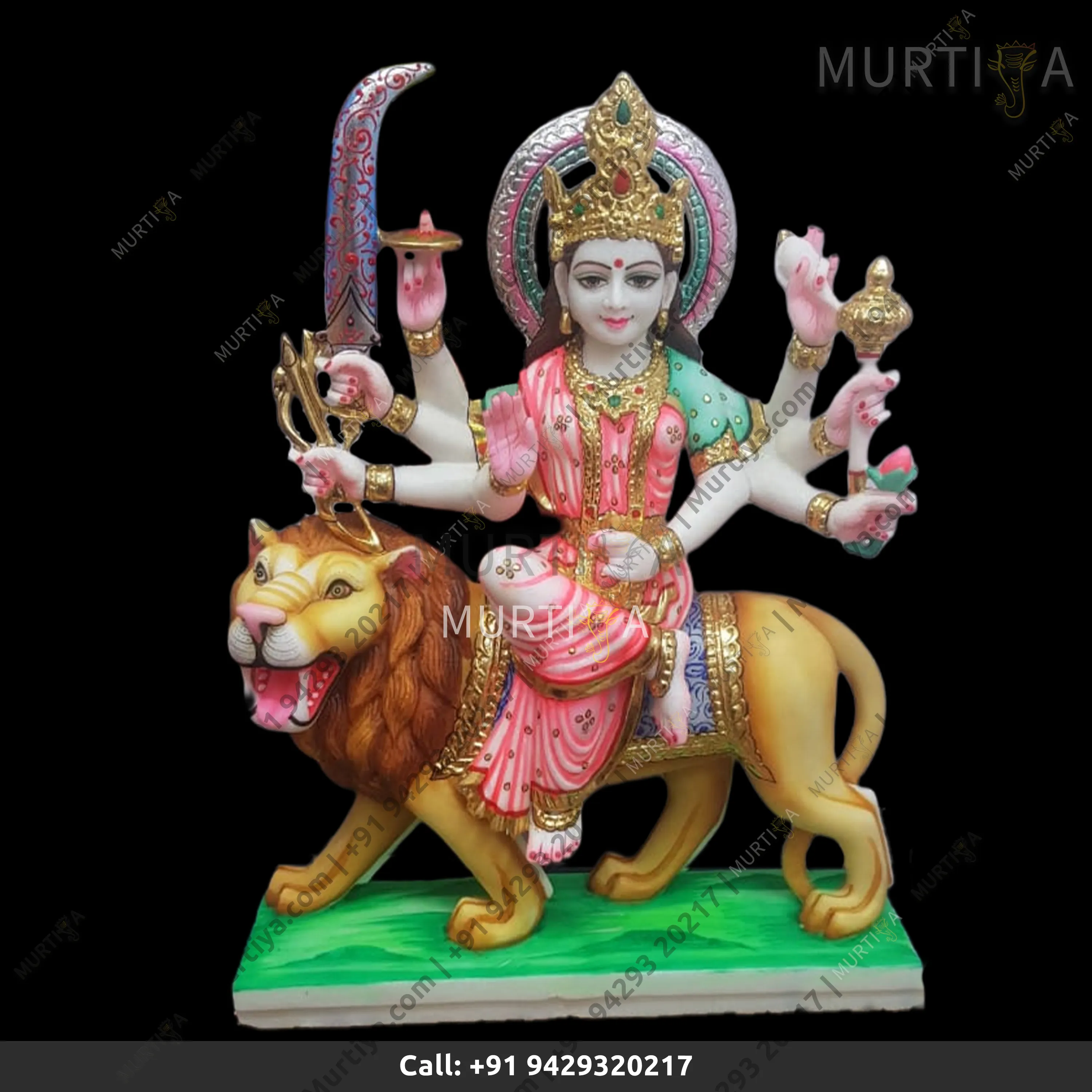 Marble Durga Maa With Light Pink & Green Saree, Colored Sword