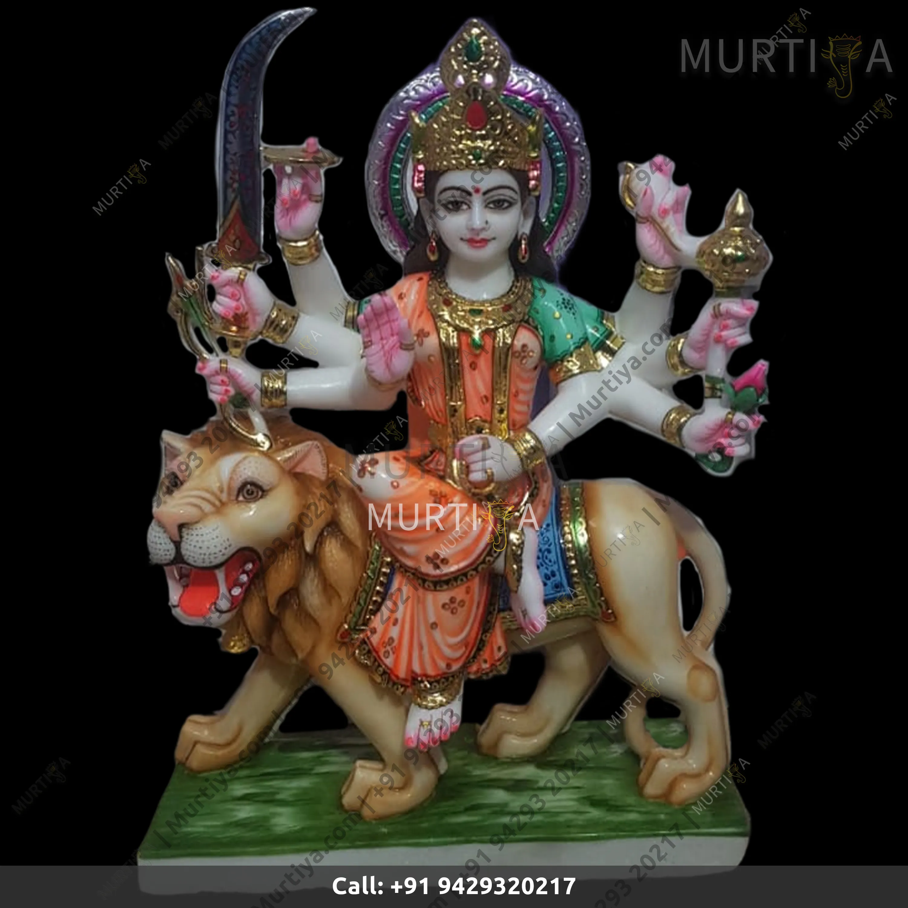 Marble Durga Maa With Orange & Green Saree Lion Idol (Makrana) - 2