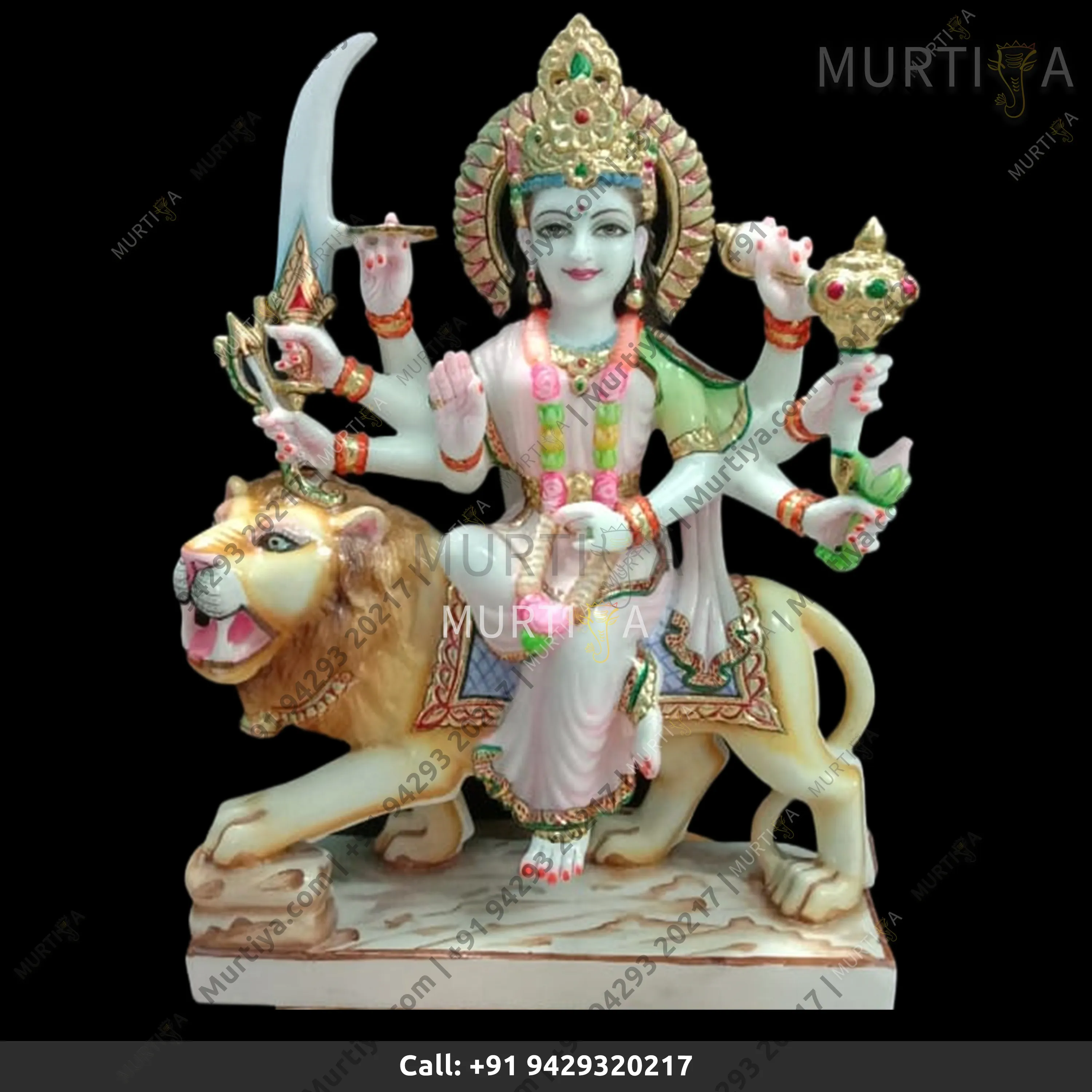 Marble Durga Maa With Red Real Saree - 18 Inch Makrana Idol