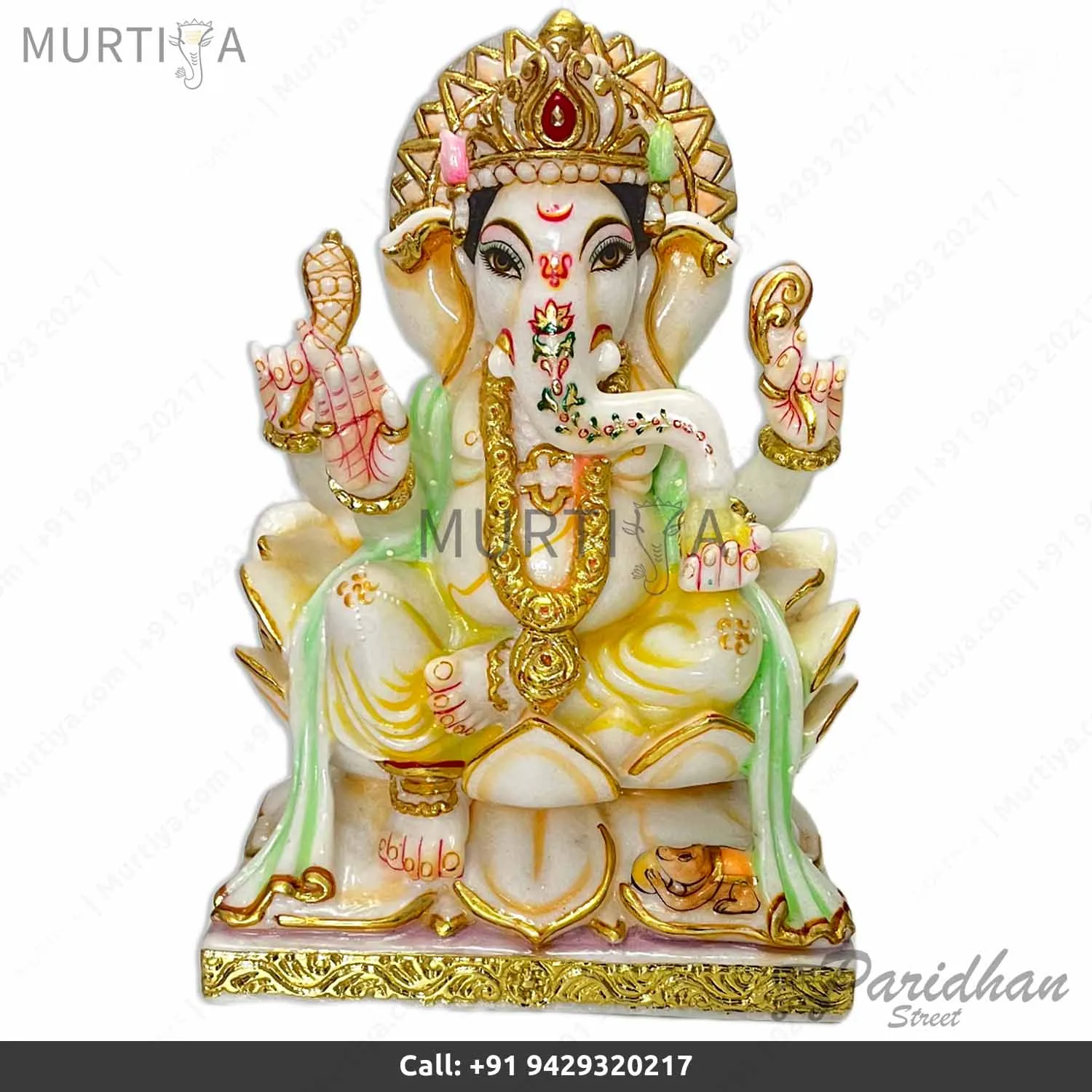 12-inch Pure Marble Ganesh Laxmi Saraswati Statue (Makrana) - 3