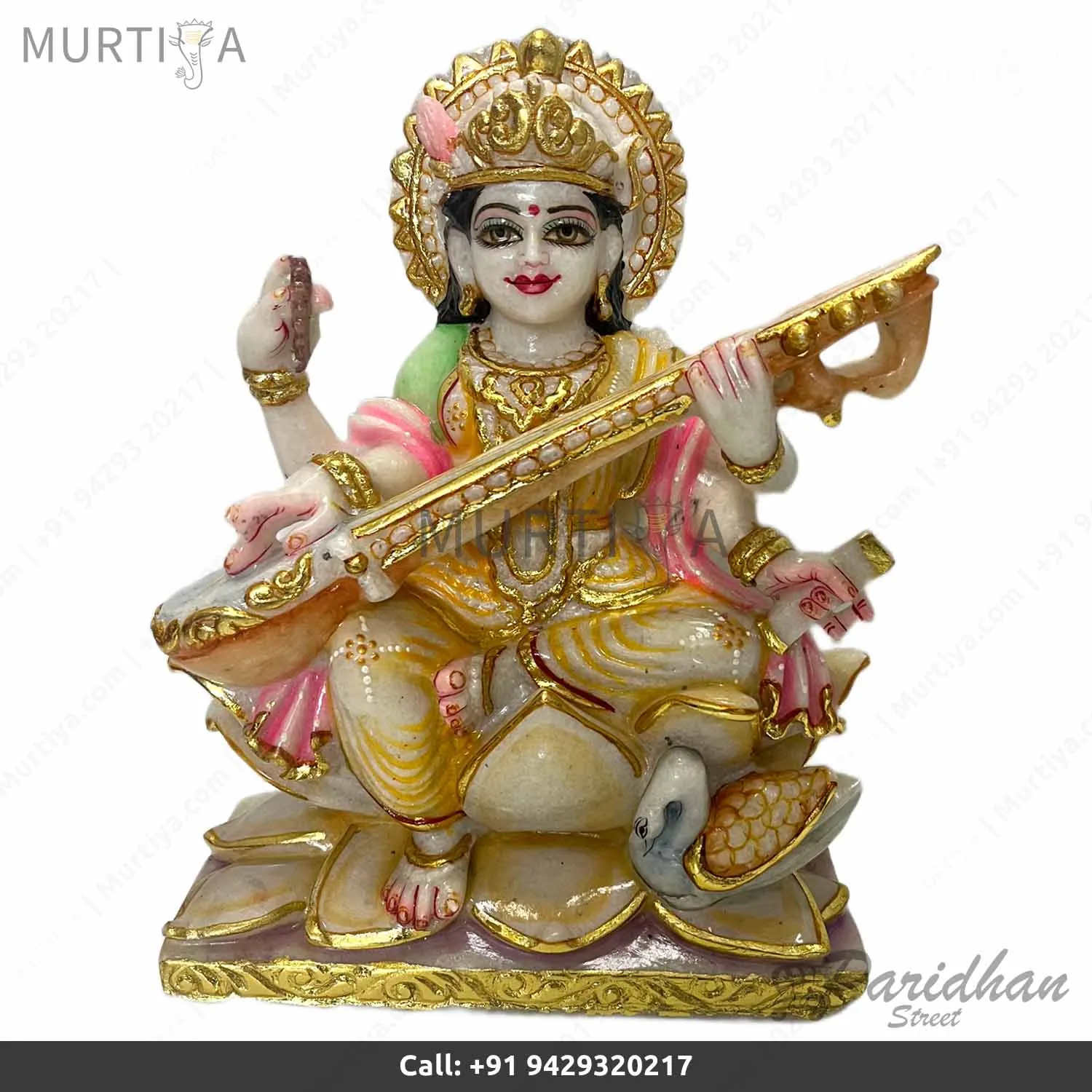 12-inch Pure Marble Ganesh Laxmi Saraswati Statue (Makrana) - 4