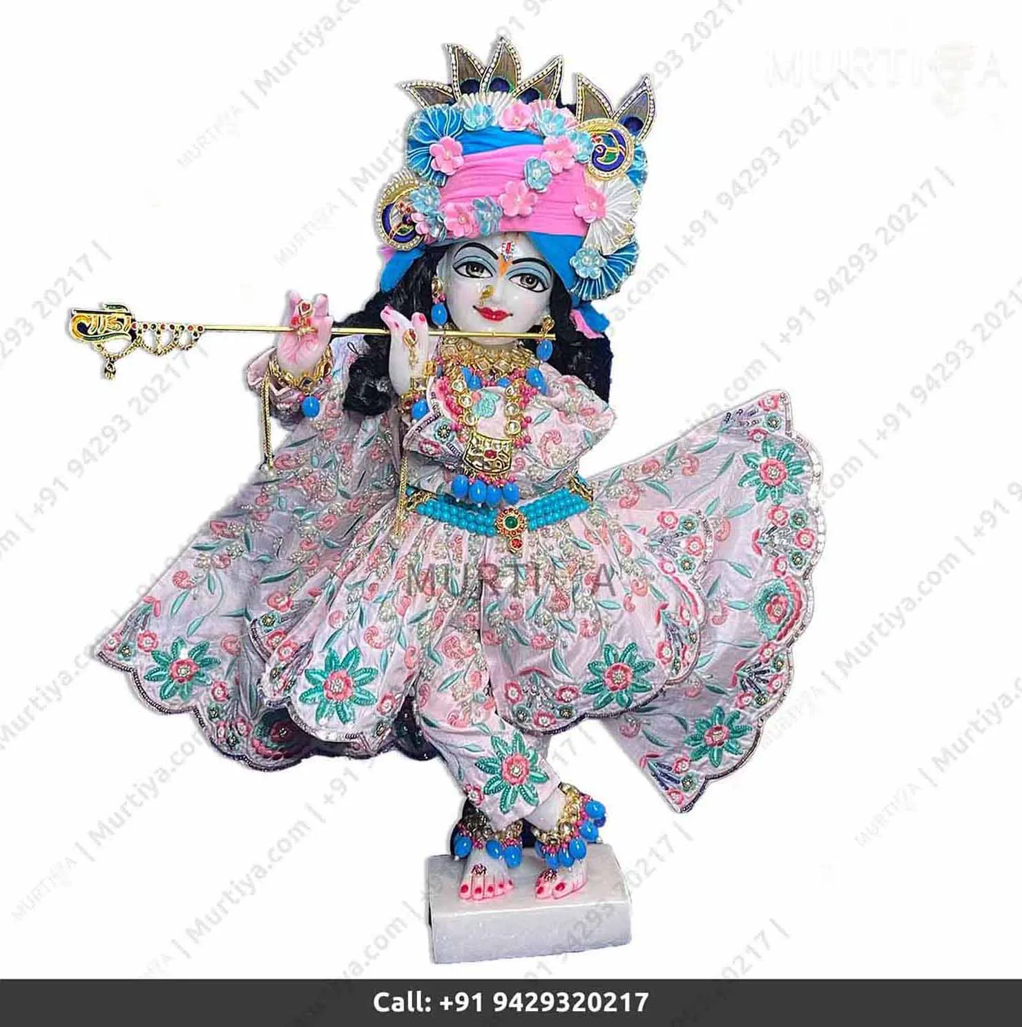 18" ISKCON White Radha Krishna Marble Statue (Off-White Dress) - 2