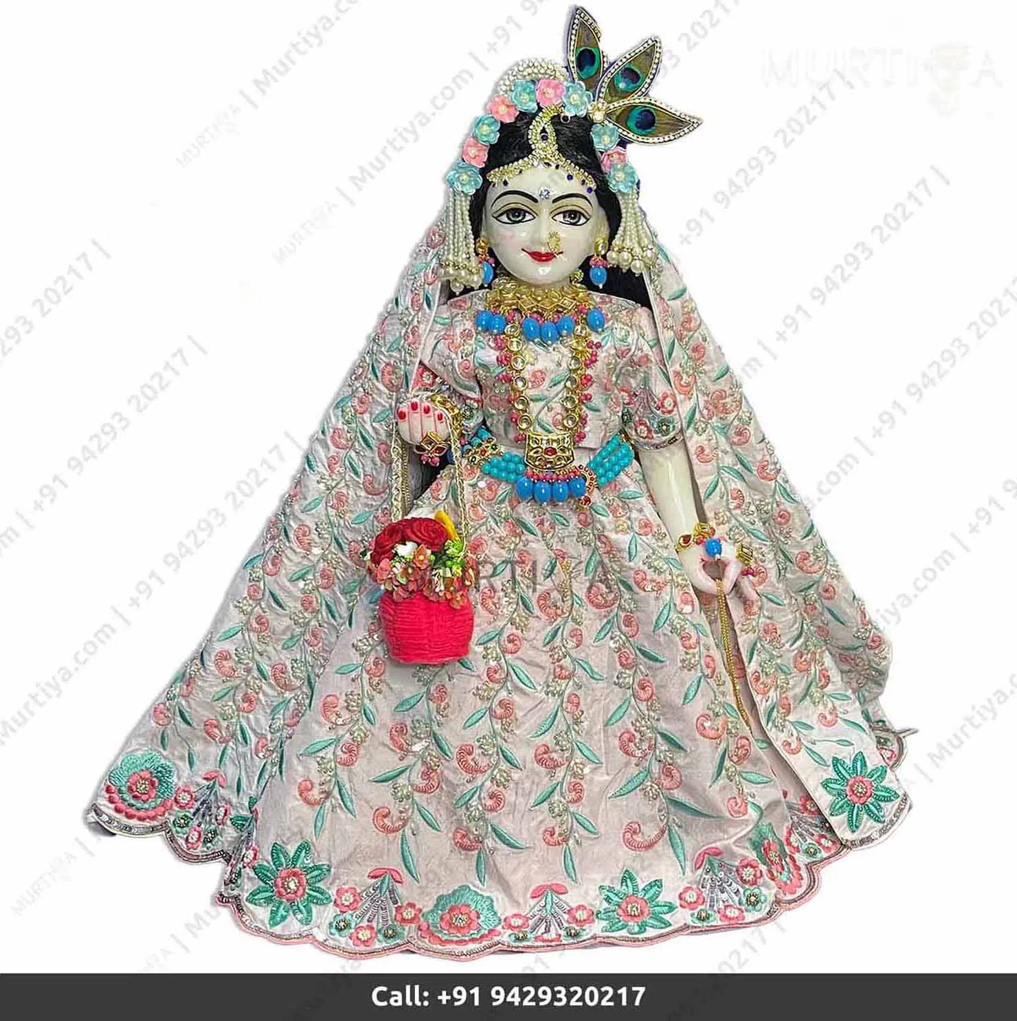 18" ISKCON White Radha Krishna Marble Statue (Off-White Dress) - 3