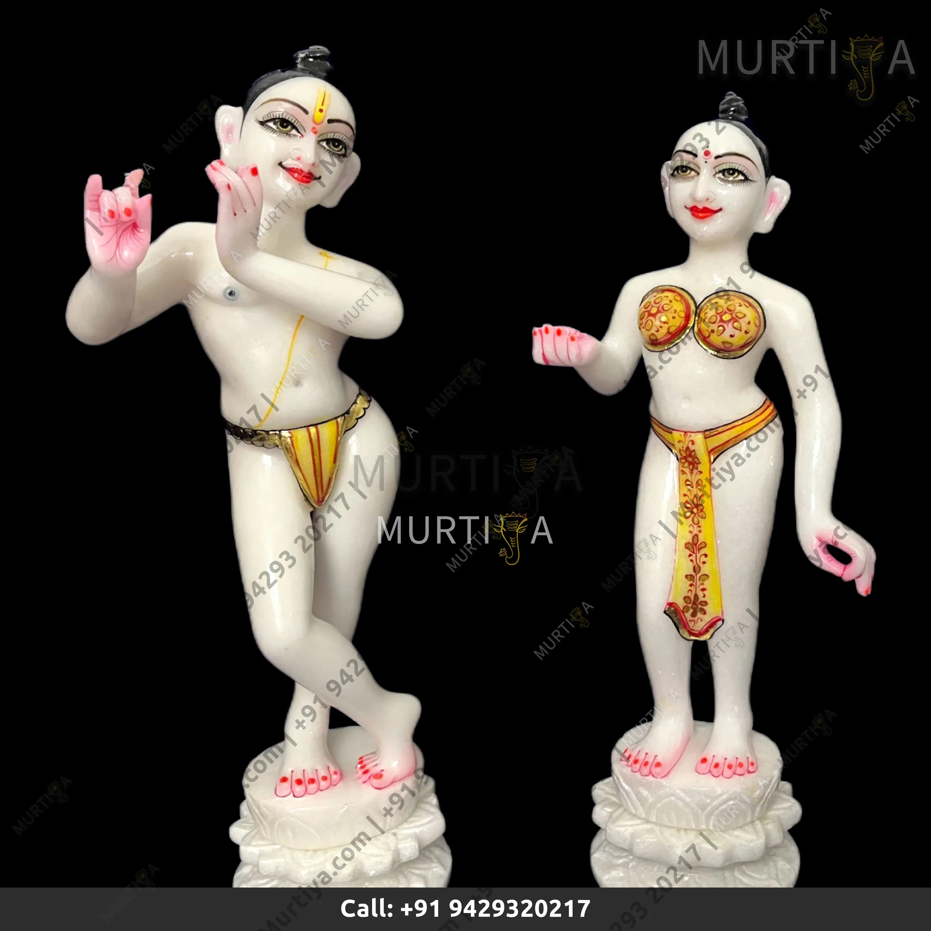 ISKCON 12 Inch White Radha Krishna Marble Statue Handmade Lotus Base