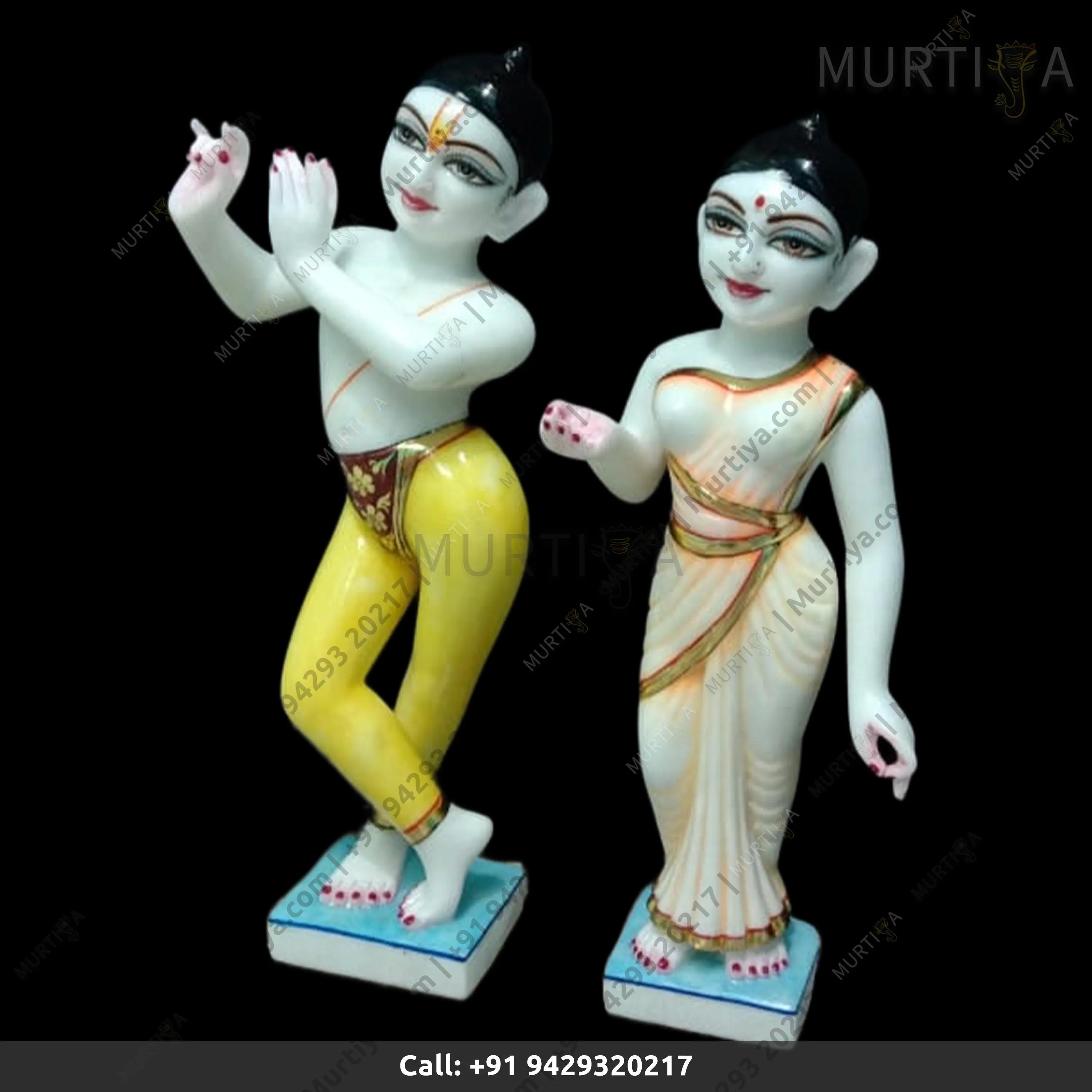 ISKCON Pure White Krishna Radha Marble Statue with Handmade Painted Saree - 2