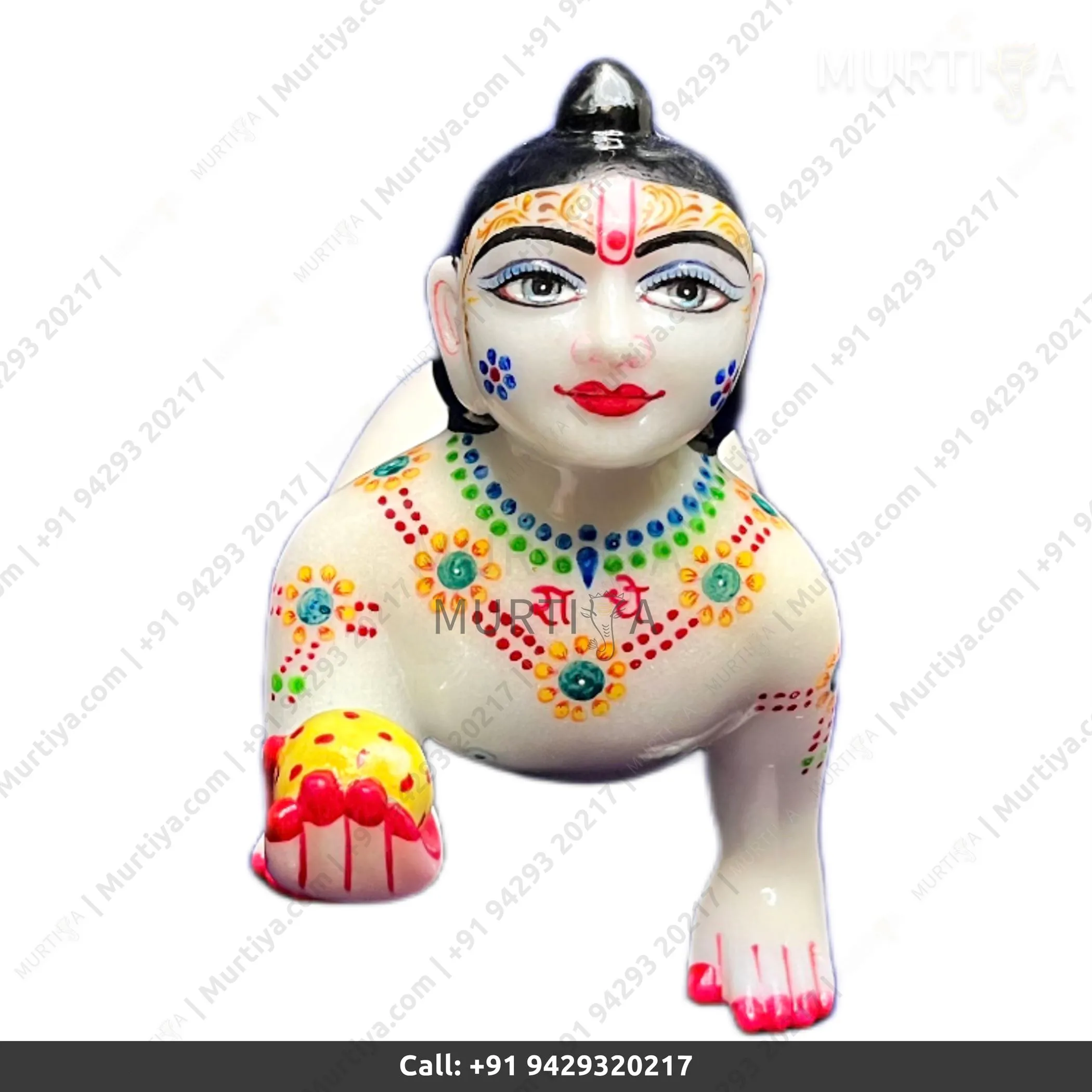 White Laddu Gopal Marble Murti (9in) Yellow Cloth Jewellery - 4