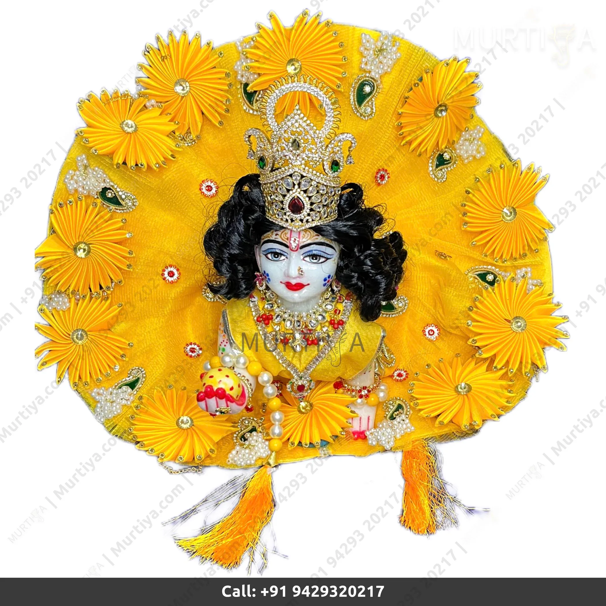 White Laddu Gopal Marble Murti (9in) Yellow Cloth Jewellery - 3