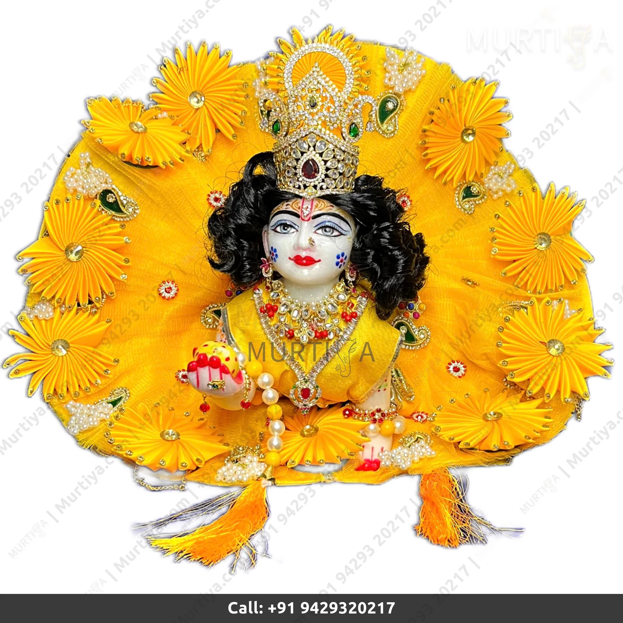White Laddu Gopal Marble Murti (9in) Yellow Cloth Jewellery - 2