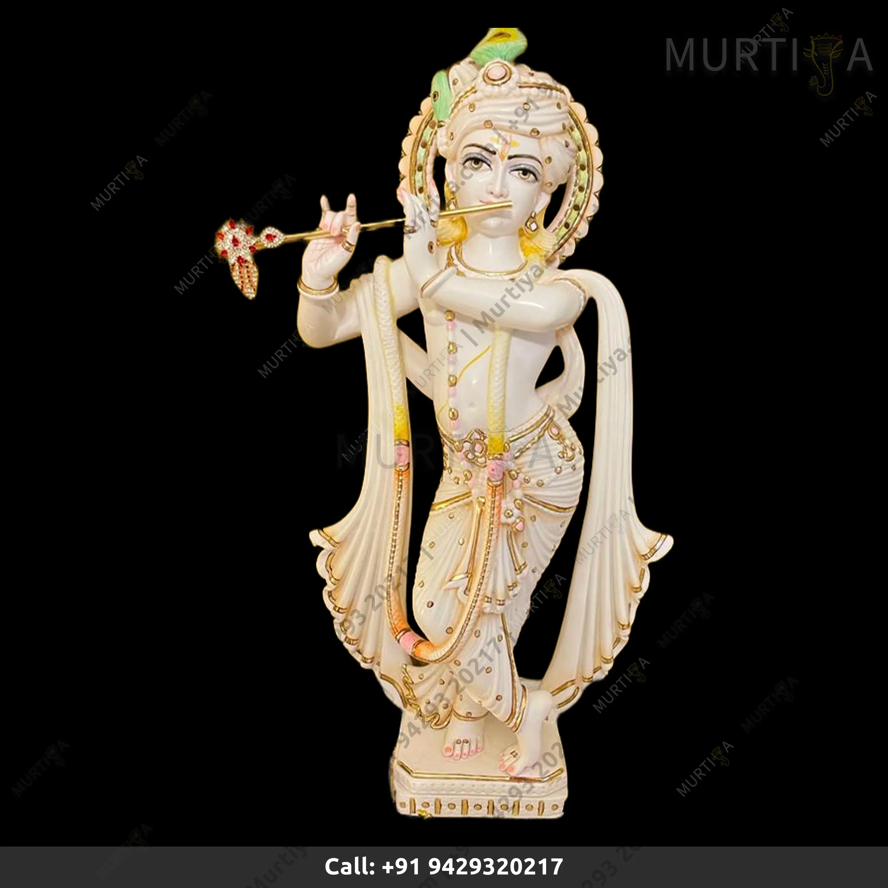Natural White Vietnam Marble Painted Krishna Light Golden Color