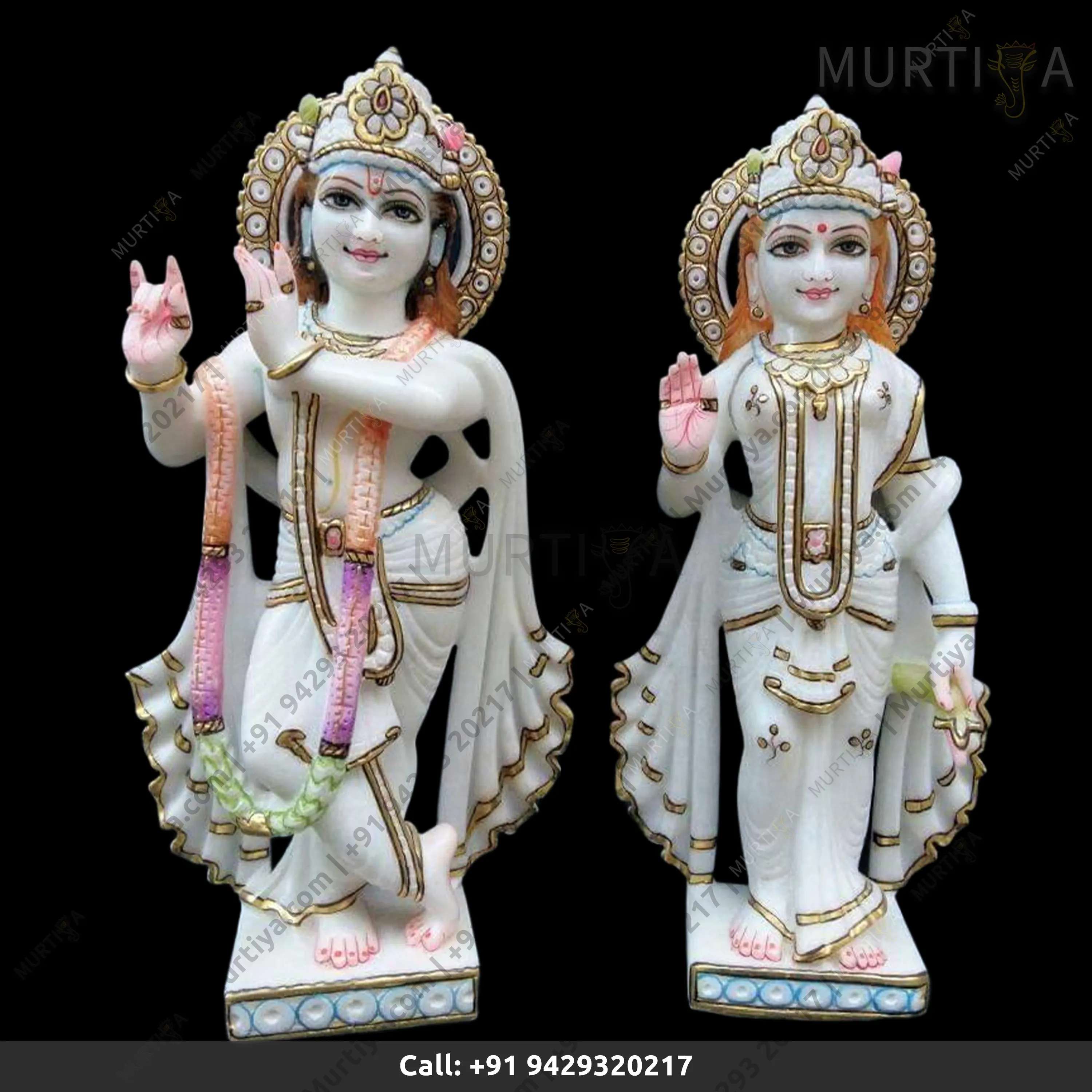 Painted Marble Krishna Ji with Light Orange Purple & Green Idol