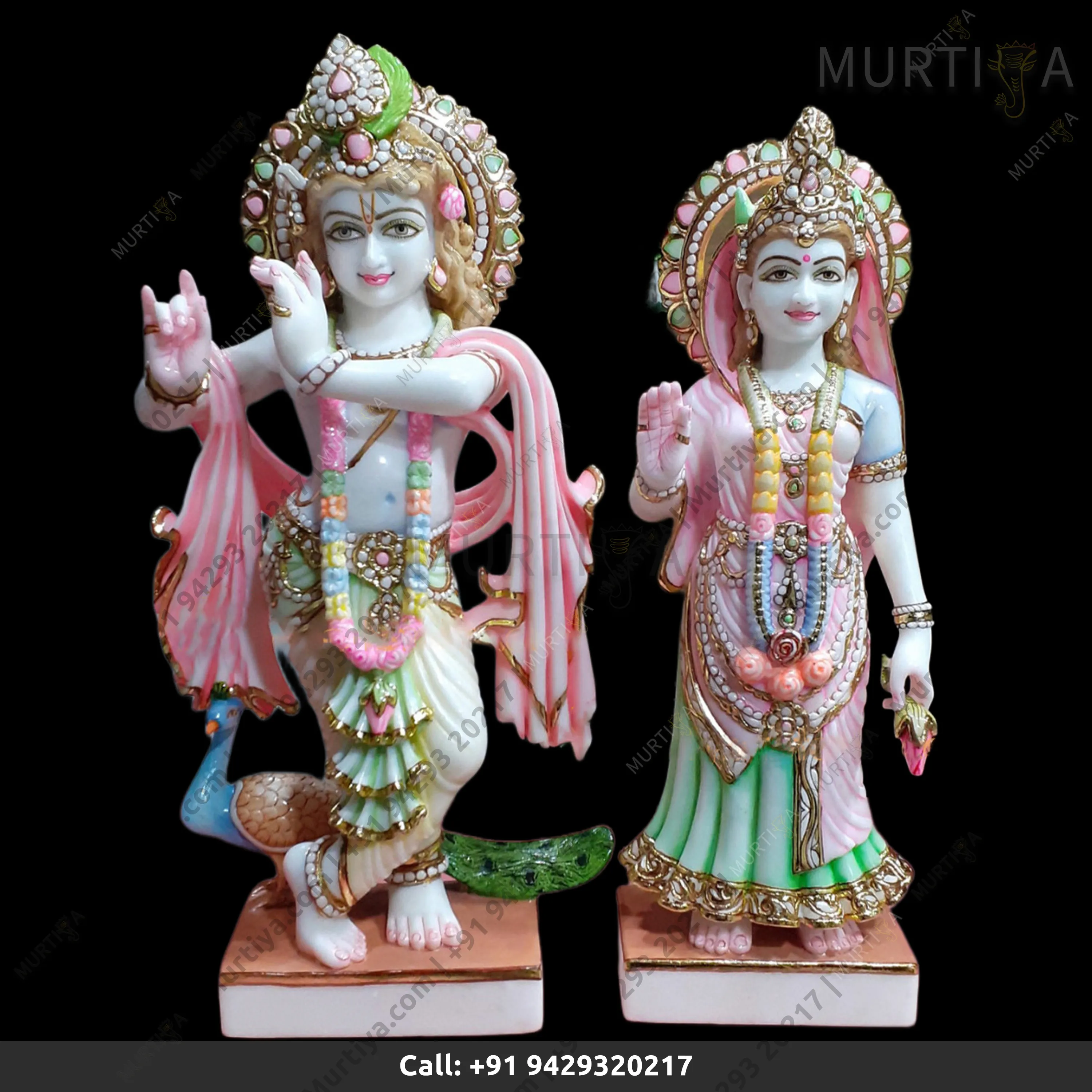 Painted Marble Radha Krishna ji with peacock (Makrana, 12–30 Inch)