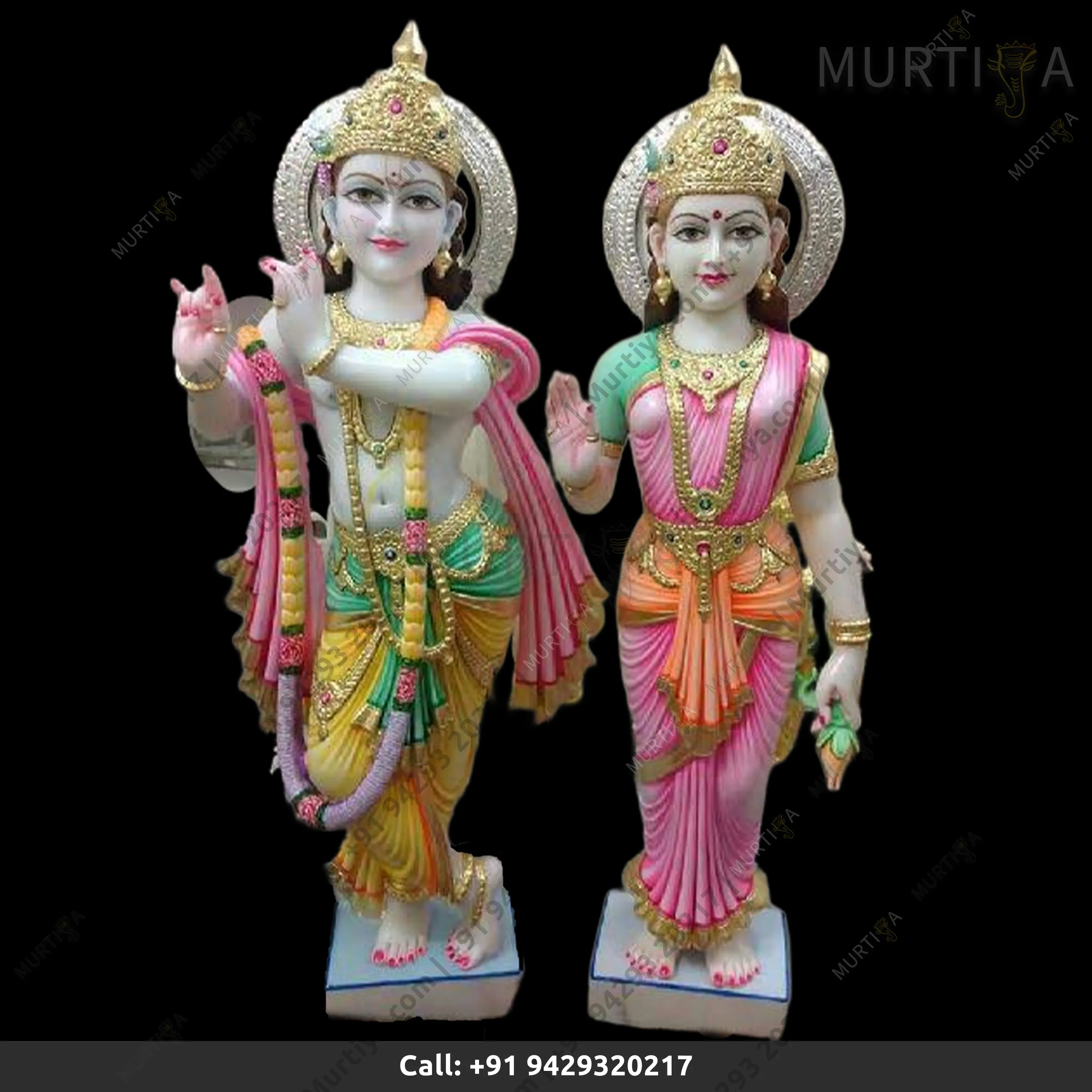 Paintedn Marble Radha Krishna Ji with Peacock (Dark Colored) Idol