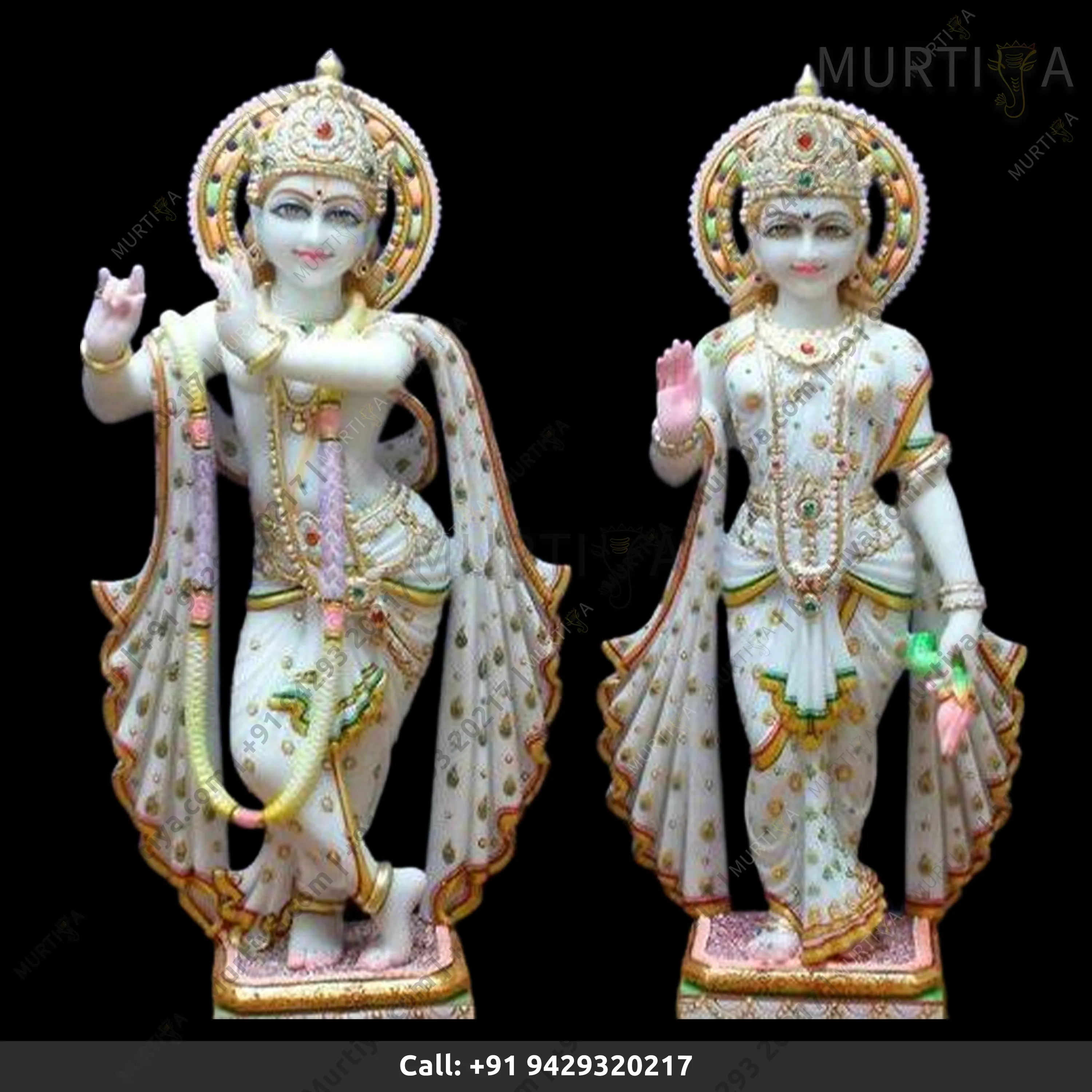 Painted Marble Radha Krishna Multi colored Statue (Makrana, 12–30 Inch)