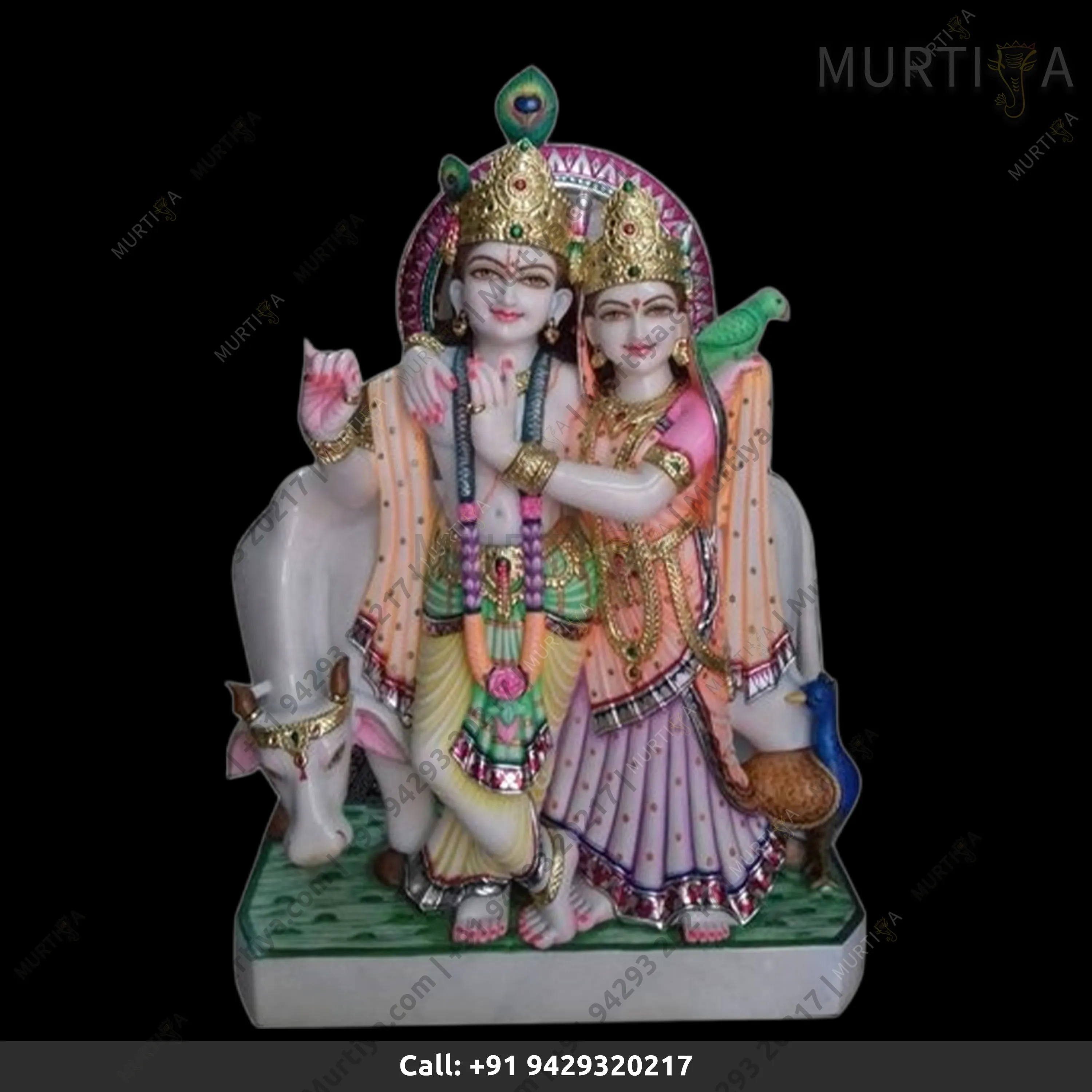 Marble Radha Krishna with Cow Statue (Makrana) | Jugal Jodi