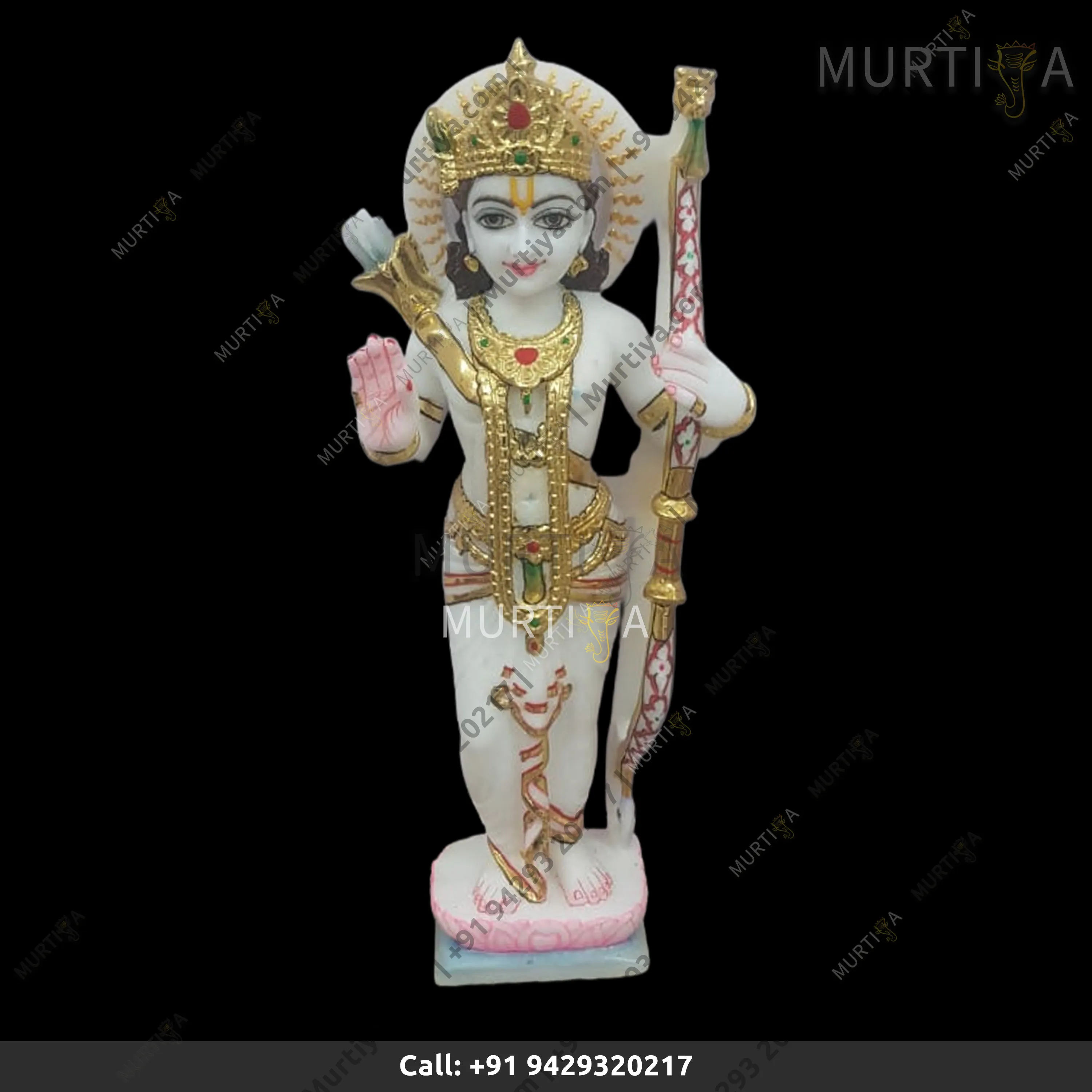 Marble Ram Ji On Lotus Base Makrana Marble Idol (12–24 Inch)