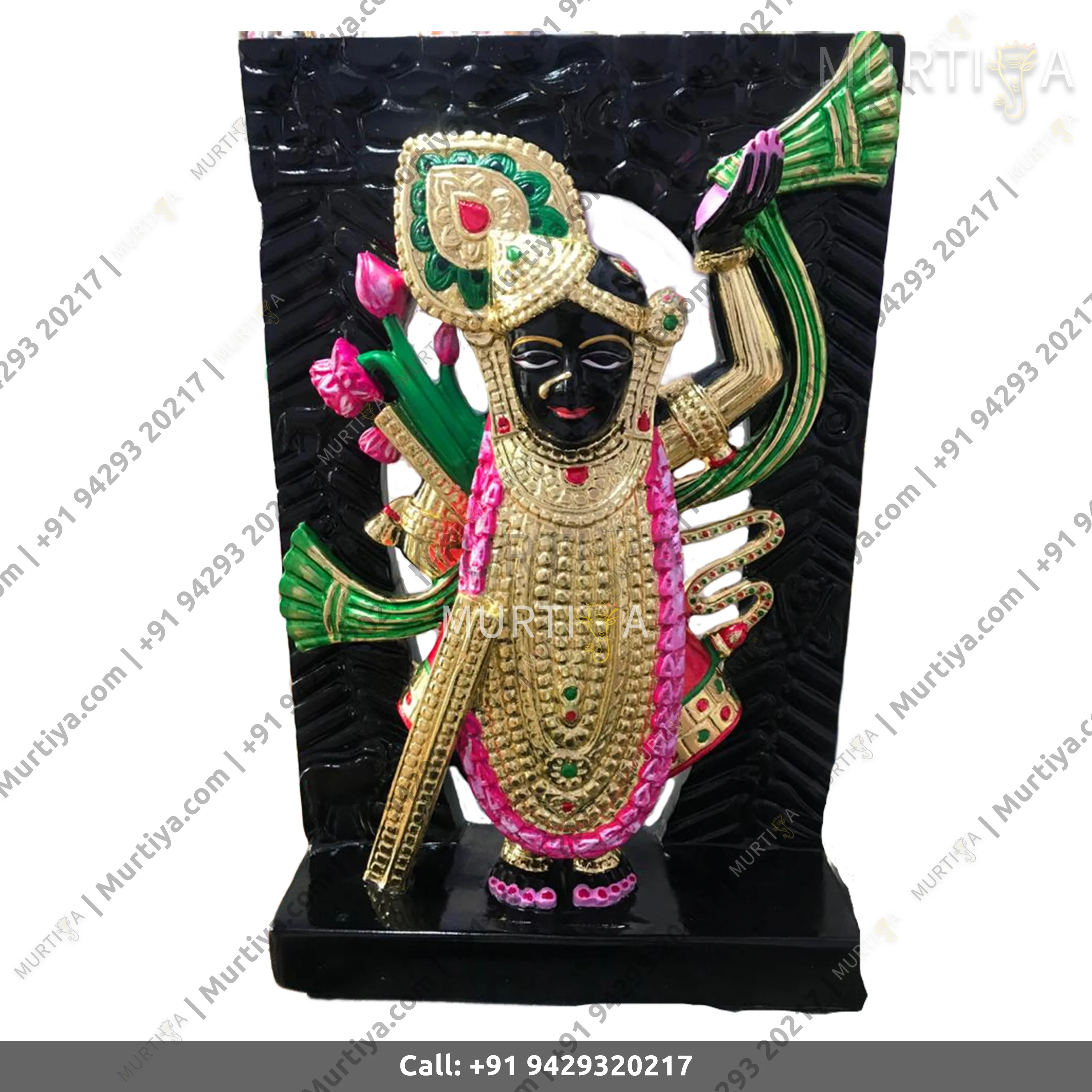 Marble Shreenath Ji Pure Black Golden Clothes Single Stone Idol