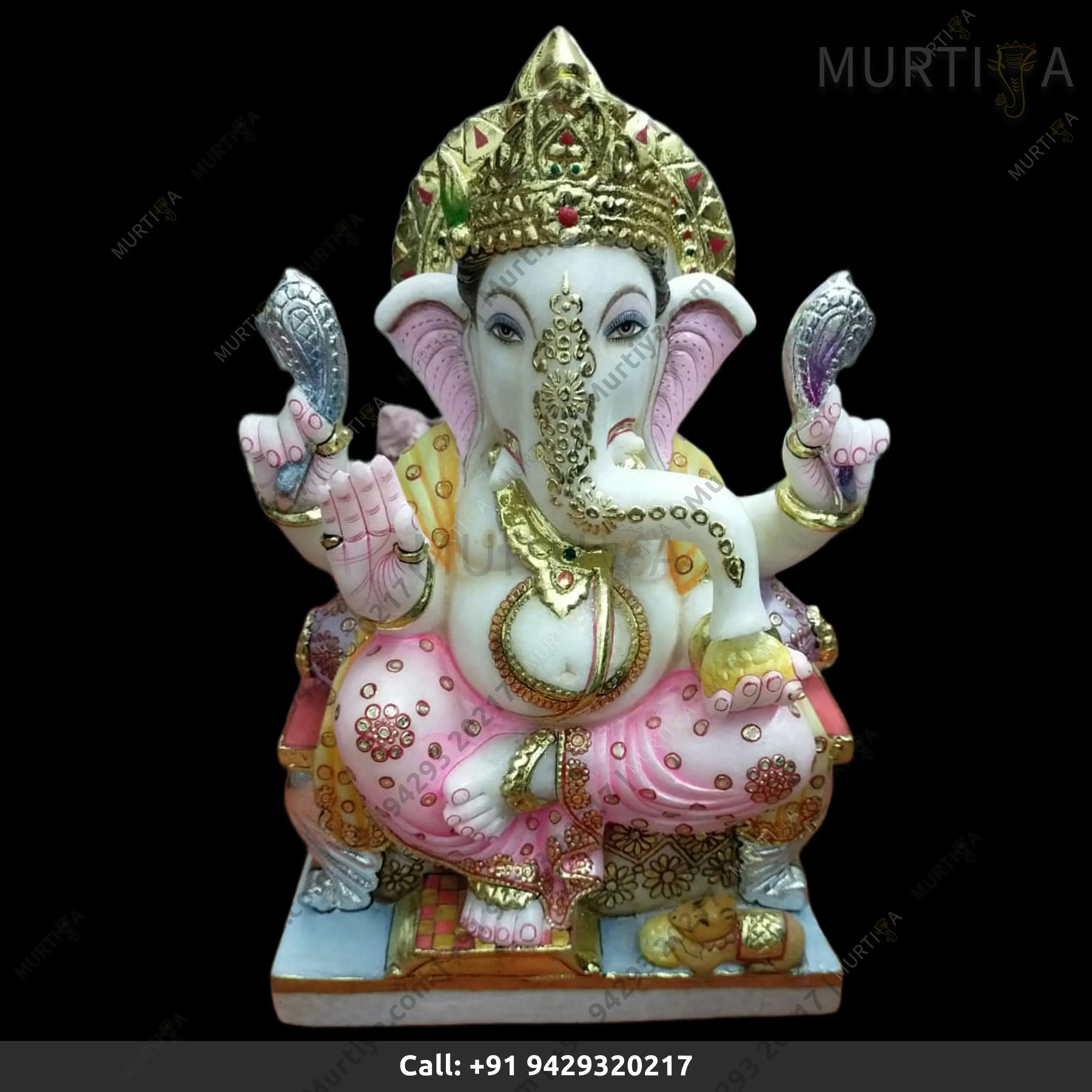 Marble Ganesh ji Fully Painted Multicolored Idol in Makrana Marble